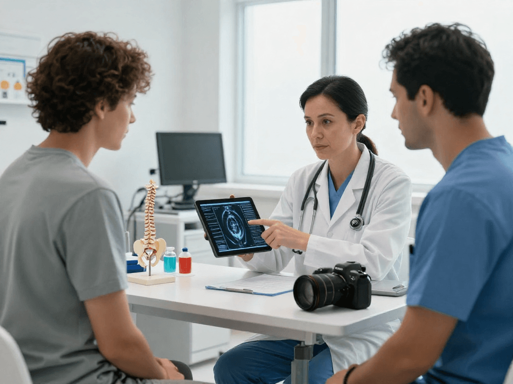 Consultation about bel fıtığı ameliyatı between patient and surgeon in a modern clinic.