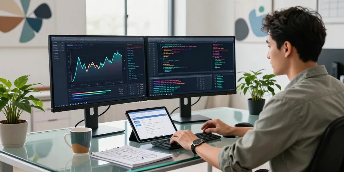 Developer analyzing API performance data and security metrics with Waygrid at a modern tech workspace.