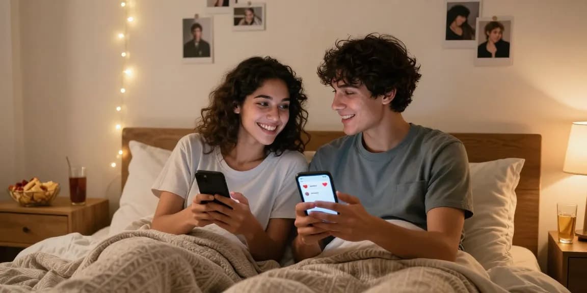 Sexting AI in action as a couple engages playfully in a cozy bedroom.